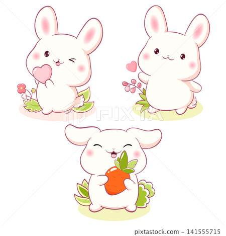 Set of little bunny in kawaii style. Tiny baby rabbit in multiple poses. Cute rabbit expression sheet collection. Can be used for t-shirt print, sticker, badge, greeting card. Vector illustration EPS8 Set of little bunny in kawaii style. Tiny baby rabbit in multiple poses. Cute rabbit expression sheet collection. Can be used for t-shirt print, sticker, badge, greeting card. Vector illustration EPS8 141555715
