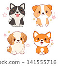 Set of puppy in kawaii style. Cute baby dog of different breeds - corgi, husky, lapdog. Can be used for t-shirt print, sticker, badge, greeting card. Vector illustration EPS8 141555716