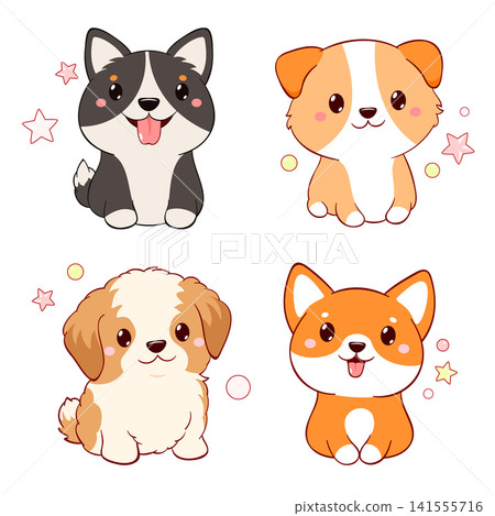 Set of puppy in kawaii style. Cute baby dog of different breeds - corgi, husky, lapdog. Can be used for t-shirt print, sticker, badge, greeting card. Vector illustration EPS8 Set of puppy in kawaii style. Cute baby dog of different breeds - corgi, husky, lapdog. Can be used for t-shirt print, sticker, badge, greeting card. Vector illustration EPS8 141555716
