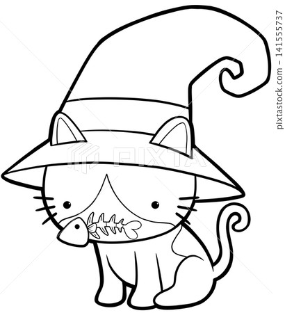 Adorable halloween cat wearing big witch hat holding fish bone coloring book page Adorable halloween cat wearing big witch hat holding fish bone coloring book page 141555737