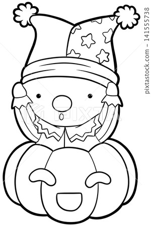 Cute clown character hiding inside pumpkin coloring page, halloween outline Cute clown character hiding inside pumpkin coloring page, halloween outline 141555738