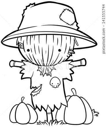 Classic scarecrow with pumpkins coloring book page, cute halloween line art Classic scarecrow with pumpkins coloring book page, cute halloween line art 141555744