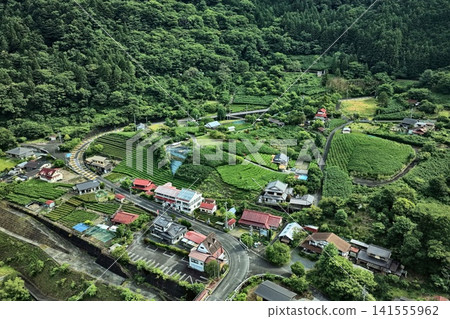 Aerial photographs capturing tea plantations and mountain villages in Kawanehoncho, Shizuoka Prefecture. Aerial photographs capturing tea plantations and mountain villages in Kawanehoncho, Shizuoka Prefecture. 141555962