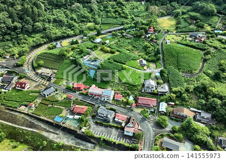 Aerial photograph capturing tea plantations and rural settlements in Kawanehoncho, Shizuoka Prefecture. Aerial photograph capturing tea plantations and rural settlements in Kawanehoncho, Shizuoka Prefecture. 141555973