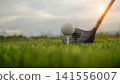Golf clubs and balls on a green lawn in a beautiful golf course with morning sunshine. 141556007