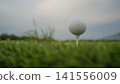 Golf ball on tee in a beautiful golf course with morning sunshine. 141556009