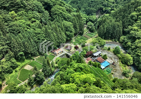 Aerial photograph capturing tea plantations and mountain villages in Kuchisakamoto, Shizuoka City, Shizuoka Prefecture. Aerial photograph capturing tea plantations and mountain villages in Kuchisakamoto, Shizuoka City, Shizuoka Prefecture. 141556046