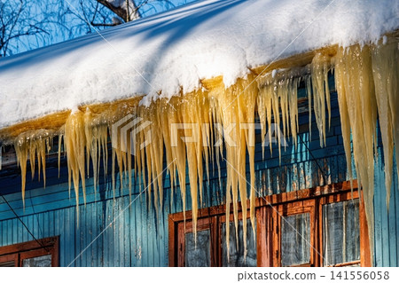 Gnarly golden icicles dramatically dangle from a snow-laden eave, reflecting brilliant sunlight against an aged, peeling blue wooden house. Winter's stark beauty Gnarly golden icicles dramatically dangle from a snow-laden eave, reflecting brilliant sunlight against an aged, peeling blue wooden house. Winter's stark beauty 141556058