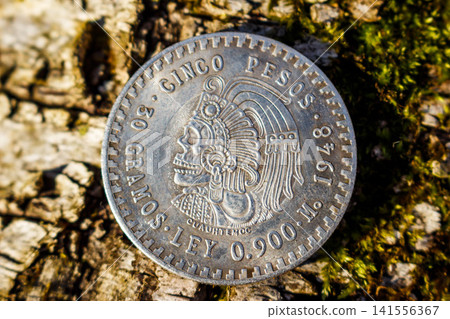 Souvenir coin of five pesos in the style of Hobo Nickel with the image of a skull in place of the portrait of the Aztec ruler Cuauhtemoc Souvenir coin of five pesos in the style of Hobo Nickel with the image of a skull in place of the portrait of the Aztec ruler Cuauhtemoc 141556367