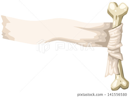 Ancient mummy cloth banner tied to skeleton bone for Halloween copy space Ancient mummy cloth banner tied to skeleton bone for Halloween copy space 141556580