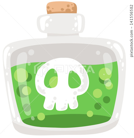 Glass flask bottle containing bubbling green toxic poison liquid with skull mark Glass flask bottle containing bubbling green toxic poison liquid with skull mark 141556582