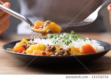 Japanese curry with lentil, carrot, potato, onion and cooked rice ready to eat, Vegetarian food Japanese curry with lentil, carrot, potato, onion and cooked rice ready to eat, Vegetarian food 141556716