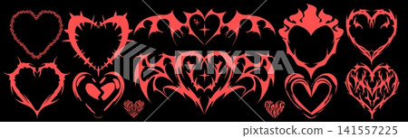 Y2K tribal tattoo hearts with flames, gothic wings Y2K tribal tattoo hearts with flames, gothic wings 141557225