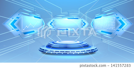 Futuristic neon podium with holographic display Futuristic neon podium with holographic display 141557283