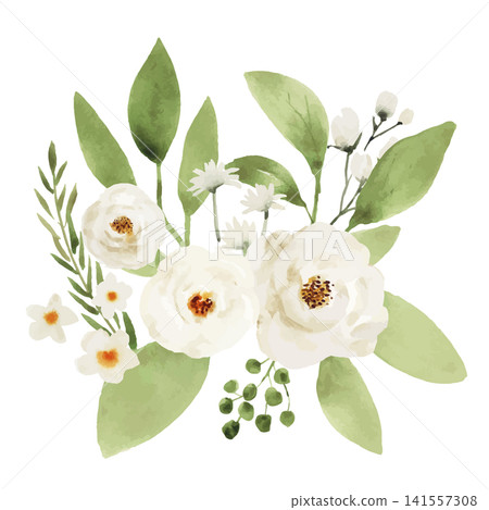 A watercolor-style bouquet featuring white roses, green leaves, and berries. A watercolor-style bouquet featuring white roses, green leaves, and berries. 141557308