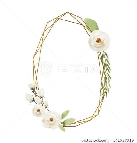 A golden geometric frame with white roses and green leaves. A golden geometric frame with white roses and green leaves. 141557319