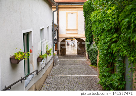 Historic cobblestone alley with archway in the old town of Melk Austria 141557471