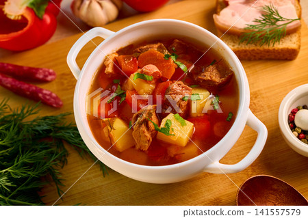Traditional Bograch Soup Served with Salo and Spices Traditional Bograch Soup Served with Salo and Spices 141557579