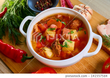 Traditional Bograch Soup Served with Salo and Spices Traditional Bograch Soup Served with Salo and Spices 141557584