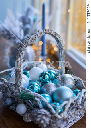 Christmas Baubles in a Woven Basket 141557609
