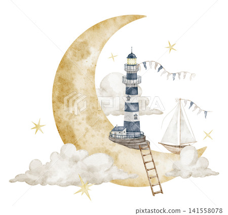 Lighthouse in the crescent moon watercolor illustration. Isolated Beacon with ship, clouds and stars in the sky. Fantasy celestial landmark for nursery poster, childish storybook, baby fantasy arts. Lighthouse in the crescent moon watercolor illustration. Isolated Beacon with ship, clouds and stars in the sky. Fantasy celestial landmark for nursery poster, childish storybook, baby fantasy arts. 141558078
