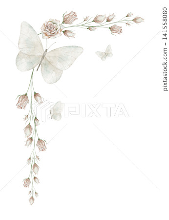 Watercolor butterfly botanical corner. Illustration of floral frame with moth and rose flowers in pastel colors. Botanical Template with branches for wedding stationery and feminine branding projects. Watercolor butterfly botanical corner. Illustration of floral frame with moth and rose flowers in pastel colors. Botanical Template with branches for wedding stationery and feminine branding projects. 141558080