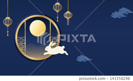 Mid-Autumn Festival Moon and Rabbit Background Illustration Lantern Decoration Design Copy Space 16:9 141558298