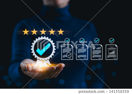 Standard Quality Control and Certification Assurance Concept. Presenting certification icon with five stars and verified document, symbolizing assurance, quality standards, and compliance in business. Standard Quality Control and Certification Assurance Concept. Presenting certification icon with five stars and verified document, symbolizing assurance, quality standards, and compliance in business. 141558359