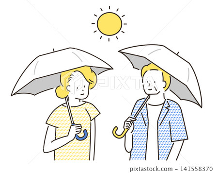 An illustration of a senior couple using a parasol to prevent heatstroke. An illustration of a senior couple using a parasol to prevent heatstroke. 141558370