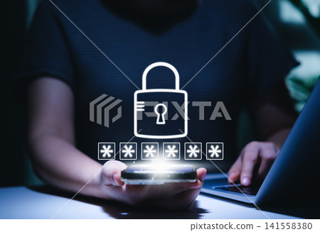 Cybersecurity concept. Lock icon and password input. Woman using laptop and smartphone symbolizing cyber security, online secure measures, password protection, data privacy, scam, Internet fraud, 141558380
