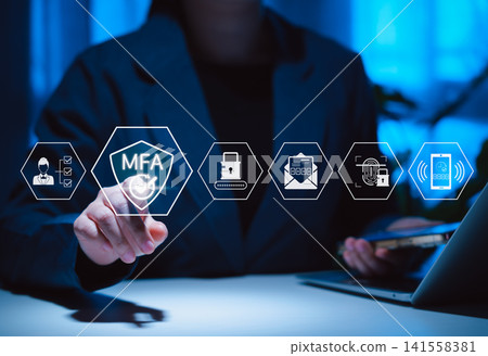 MFA, Multi-Factor Authentication Security Concept. Icons related to MFA, security locks, biometrics, and mobile verification, symbolizing cybersecurity, data protection, and secure login systems. 141558381