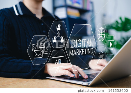 Digital marketing and online advertising concepts. Businesswoman working on a laptop with digital marketing icons, SEO, social media, email marketing, and online ads, modern online market strategies. Digital marketing and online advertising concepts. Businesswoman working on a laptop with digital marketing icons, SEO, social media, email marketing, and online ads, modern online market strategies. 141558400
