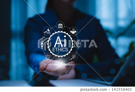 AI Ethics and Responsible Artificial Intelligence Governance Concept. Person holding icons for AI ethics, regulations, law, fairness, transparency, data protection, privacy, and ethical practices. AI Ethics and Responsible Artificial Intelligence Governance Concept. Person holding icons for AI ethics, regulations, law, fairness, transparency, data protection, privacy, and ethical practices. 141558403
