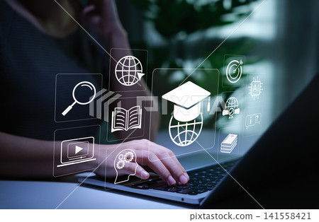 Online Education and E-Learning Technology Concept. Person using laptop for online education with learning tools icons, graduation cap, AI, books, global connectivity, study platform, learn virtual, 141558421