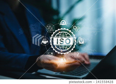 ISO Certification and Quality Assurance Compliance Concept. Person holds ISO certification icons representing global standards, compliance, quality management, and organizational processes. certified, ISO Certification and Quality Assurance Compliance Concept. Person holds ISO certification icons representing global standards, compliance, quality management, and organizational processes. certified, 141558428