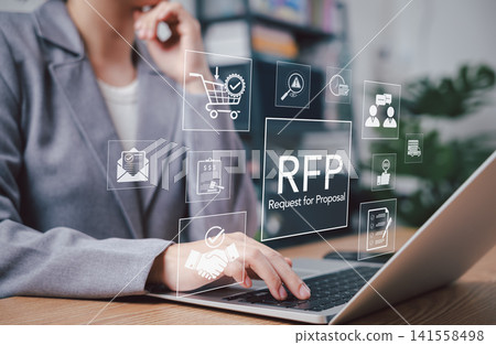 RFP, Request for Proposal. Businessperson using laptop with RFP icons representing procurement process, bidding, communication, evaluation. Modern concept for business procurement and vendor selection RFP, Request for Proposal. Businessperson using laptop with RFP icons representing procurement process, bidding, communication, evaluation. Modern concept for business procurement and vendor selection 141558498