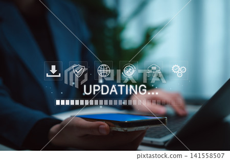 Software update or operating system, update software application upgrade technology concept. updating progress bar, installing app patch, new version loading, program downloading, improved security, Software update or operating system, update software application upgrade technology concept. updating progress bar, installing app patch, new version loading, program downloading, improved security, 141558507