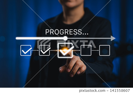 Checklist and task progress tracking concept. A person pointing at progress bar with checkmarks, task completion, productivity, workflow, goal setting, and efficient project management. loading bar, 141558607