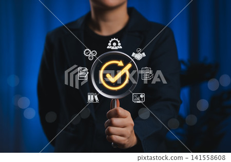 Quality Assurance and Certification Compliance Concept. A magnifying glass with checkmark surrounded by business icon, symbolizing quality assurance, compliance, and certification. certified document, Quality Assurance and Certification Compliance Concept. A magnifying glass with checkmark surrounded by business icon, symbolizing quality assurance, compliance, and certification. certified document, 141558608