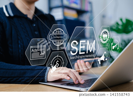 SEM, Search Engine Marketing Concept. Businessperson working on laptop with SEM icons, featuring ads, analytics, keywords, reach, pay per click, online marketing tools, digital advertising strategy, SEM, Search Engine Marketing Concept. Businessperson working on laptop with SEM icons, featuring ads, analytics, keywords, reach, pay per click, online marketing tools, digital advertising strategy, 141558743