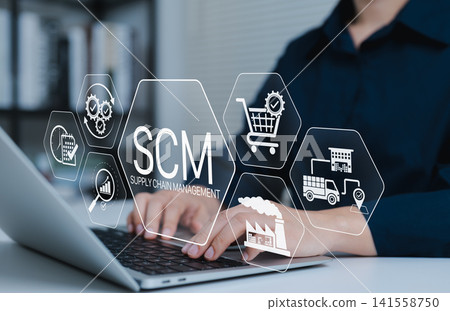 SCM, Supply Chain Management and Logistics System Concept. Person using laptop with icons representing supply chain management, logistics, inventory, delivery, procurement, production processes, SCM, Supply Chain Management and Logistics System Concept. Person using laptop with icons representing supply chain management, logistics, inventory, delivery, procurement, production processes, 141558750