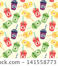 Fruit smoothie vector seamless pattern illustration. Refreshing summer colorful juice drinks in plastic takeaway cups with lid and straw on light background. Cute vibrant cold beverages repeat tile 141558773