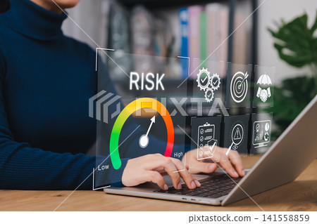 Risk assessment and management performance indicator gauge. Analyzing risk levels with icons of compliance, protection, analytics, mitigation strategies in corporate setting, business continuity, Risk assessment and management performance indicator gauge. Analyzing risk levels with icons of compliance, protection, analytics, mitigation strategies in corporate setting, business continuity, 141558859