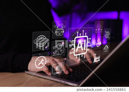 AI, Artificial Intelligence, And Machine Learning Automation Concept. User working on laptop with icons of chatbot, machine learning, automation, cloud, and translation, symbolizing smart technologies AI, Artificial Intelligence, And Machine Learning Automation Concept. User working on laptop with icons of chatbot, machine learning, automation, cloud, and translation, symbolizing smart technologies 141558861