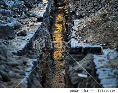 Narrow trench between rocky walls lit by warm reflection Narrow trench between rocky walls lit by warm reflection 141559346