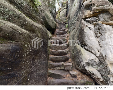 Stone stairway winding between mossy sandstone cliffs Stone stairway winding between mossy sandstone cliffs 141559382