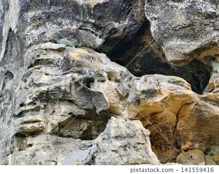 Weathered limestone cliff face with eroded crevices and ledges Weathered limestone cliff face with eroded crevices and ledges 141559416