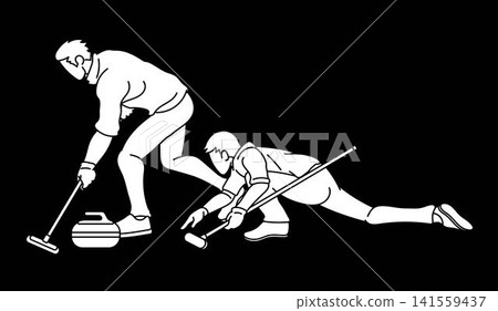 Curling Sport Team Group of Male Players Action Cartoon Graphic Vector 141559437