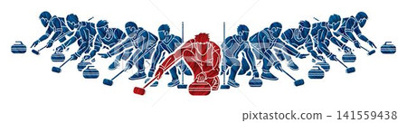 Curling Sport Team Group of Male Players Action Cartoon Graphic Vector 141559438