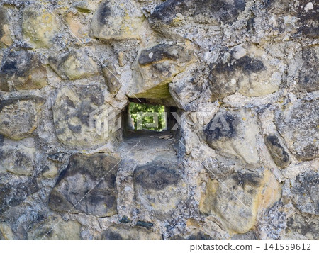 Weathered limestone wall with small rectangular opening and greenery beyond 141559612